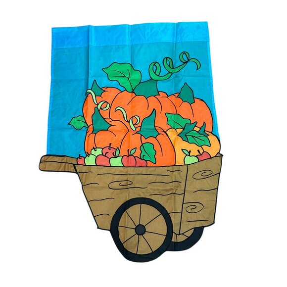 Vintage Garden Yard Flag Pumpkins Apples Wheel Barrow Cart Fall Autumn Nylon - Picture 2 of 9